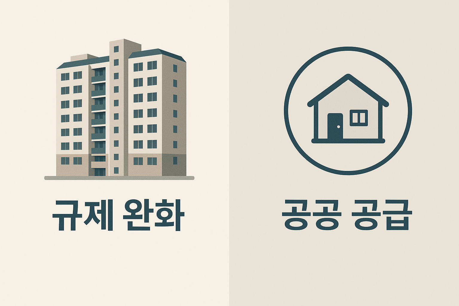 규제 완화와 공공 공급 확대를 시각적으로 비교한 부동산 정책 이미지