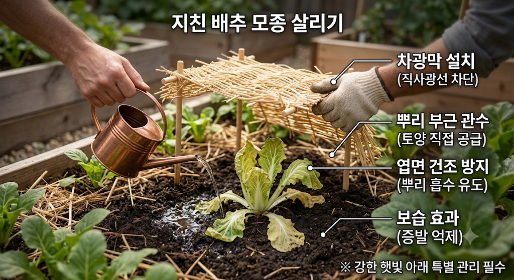 정식 후 활력을 잃고 늘어진 배추 모종 주변에 차광망을 씌우고 뿌리 근처 흙을 다독여주는 긴급 관리법