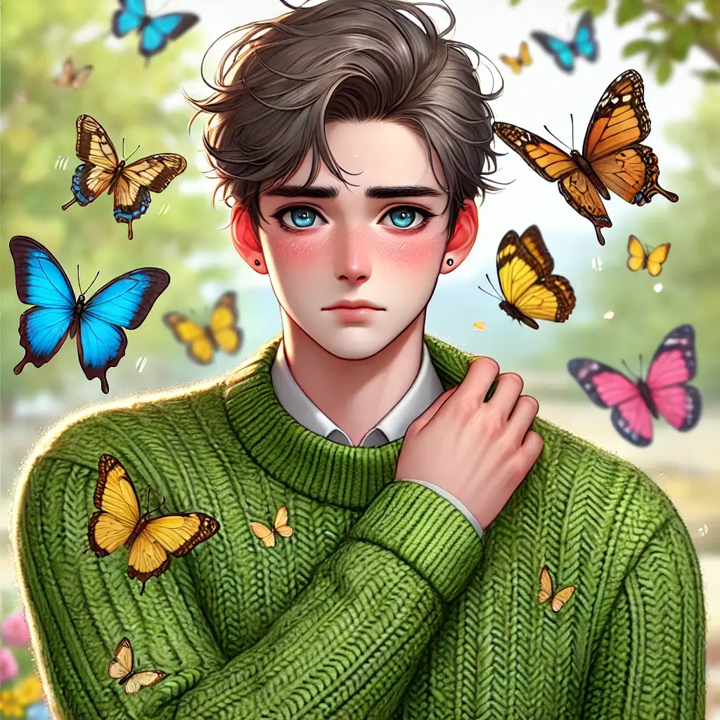 다양한 색의 나비들에 둘러 쌓인 체 알레르기 반응으로 얼굴과 귀가 붉어진 남성의 모습