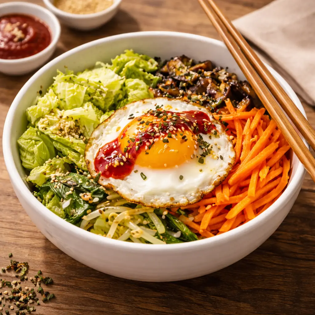 봄동비빔밥 완성 플레이팅 - 흰 그릇에 봄동 무침, 볶은 당근, 반숙 계란 프라이, 고추장 소스를 올린 모습