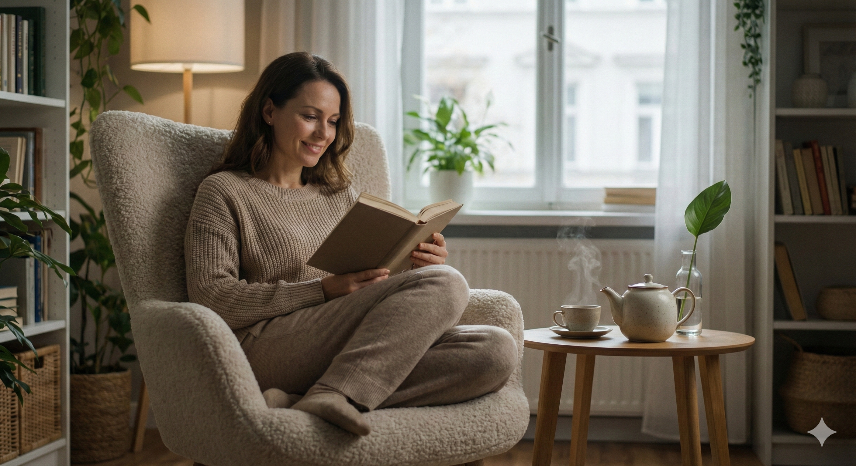 아늑한 거실에서 책을 읽으며 휴식을 취하고 있는 아름다운 여성