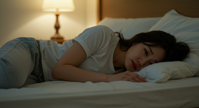 침대에 누워 우울한 표정을 짓는 한국인 여성