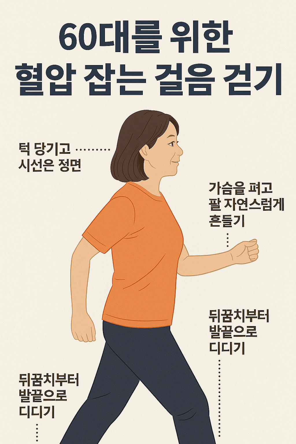 무릎을 보호하는 올바른 걷기 자세를 보여주는 60대