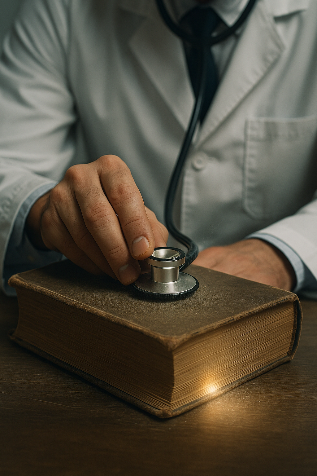 오래되어 먼지 쌓인 책(오래된 포스팅)에 청진기를 대고 진찰하는 의사의 손(블로거)을 클로즈업한 이미지. 책에서는 희미한 빛이 새어 나오고 있어 잠재력을 암시. 전체적으로 희망적이고 전문적인 분위기.