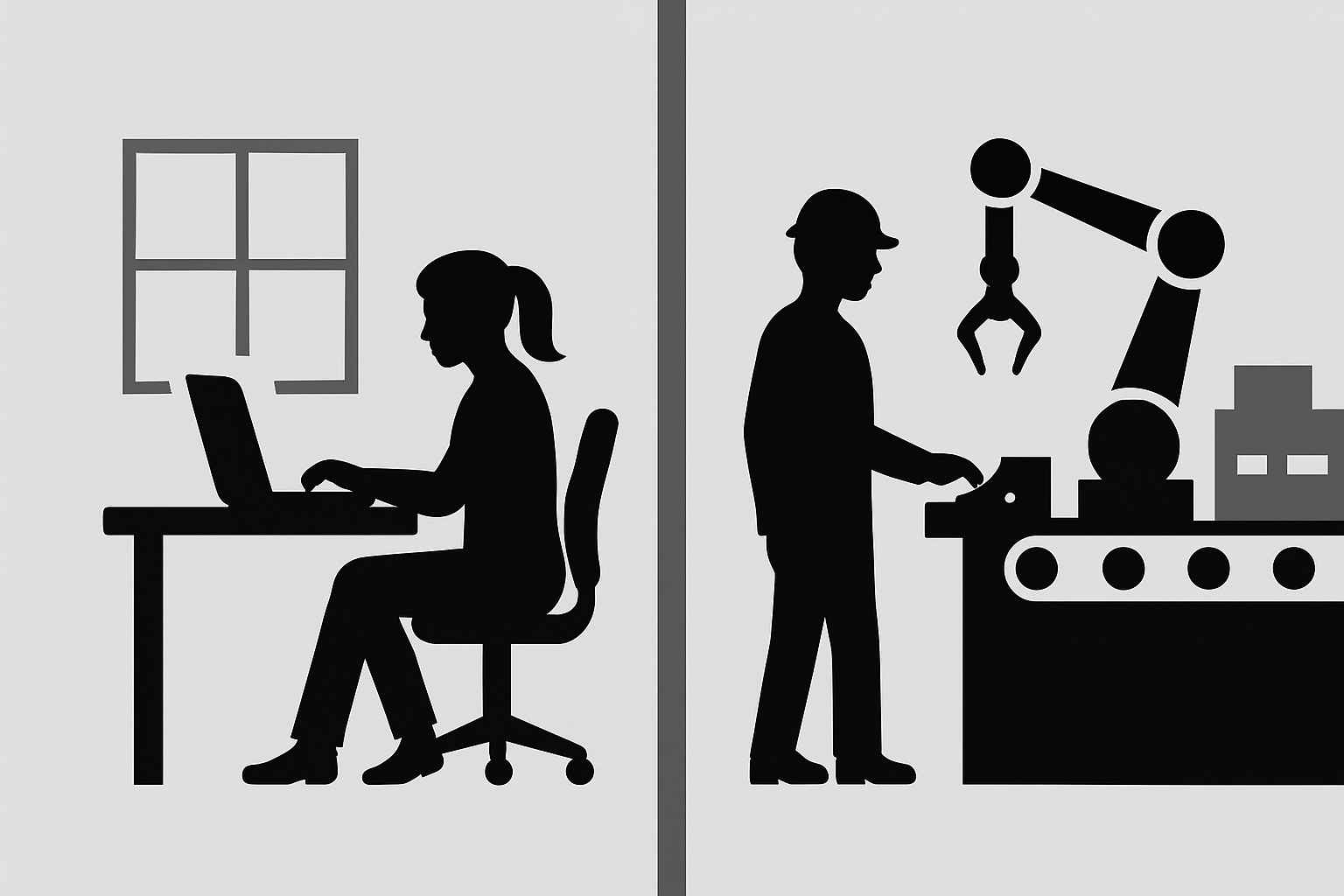 사무실에서 일하는 직장인과 제조현장의 근로자를 실루엣으로 나누어 주 4일제 적용 가능성 차이를 나타낸 일러스트