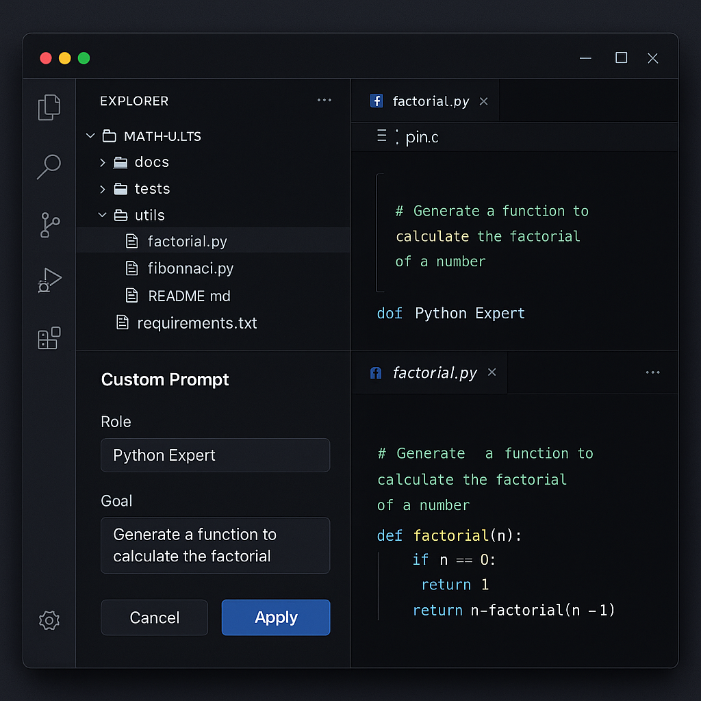 프로젝트 구조와 커스텀 프롬프트 설정이 적용된 VSCode 화면