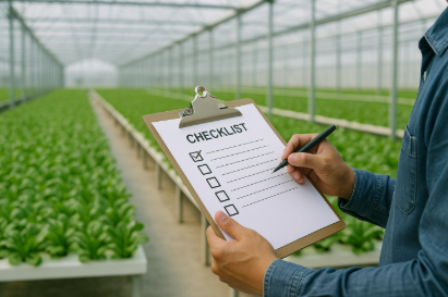 온실 내부에서 작업자가 체크리스트를 들고 농업 자동화 정기점검을 수행하는 모습