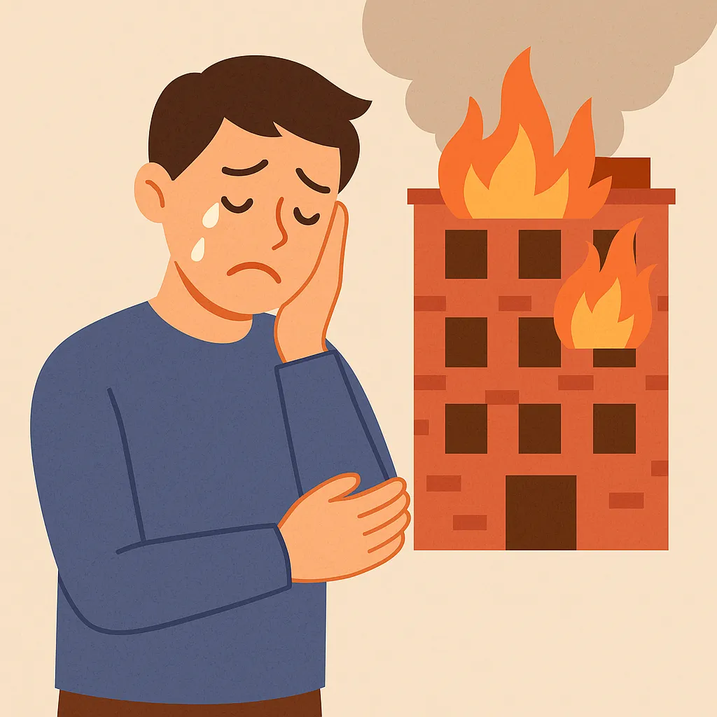 집에 화재가 발생해 슬퍼하는 모습