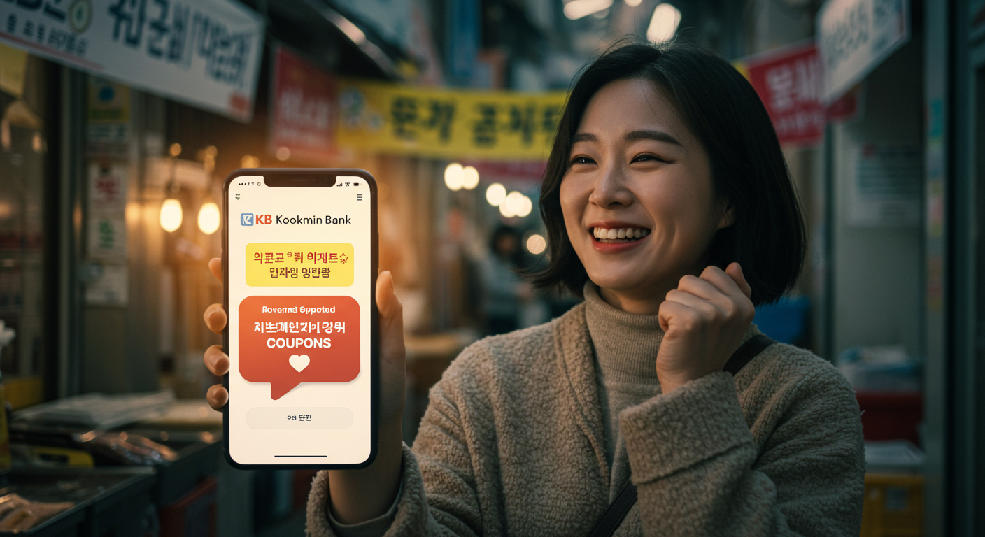 KB국민은행 앱으로 정부지원 소비쿠폰을 성공적으로 신청하여 기뻐하는 한국인