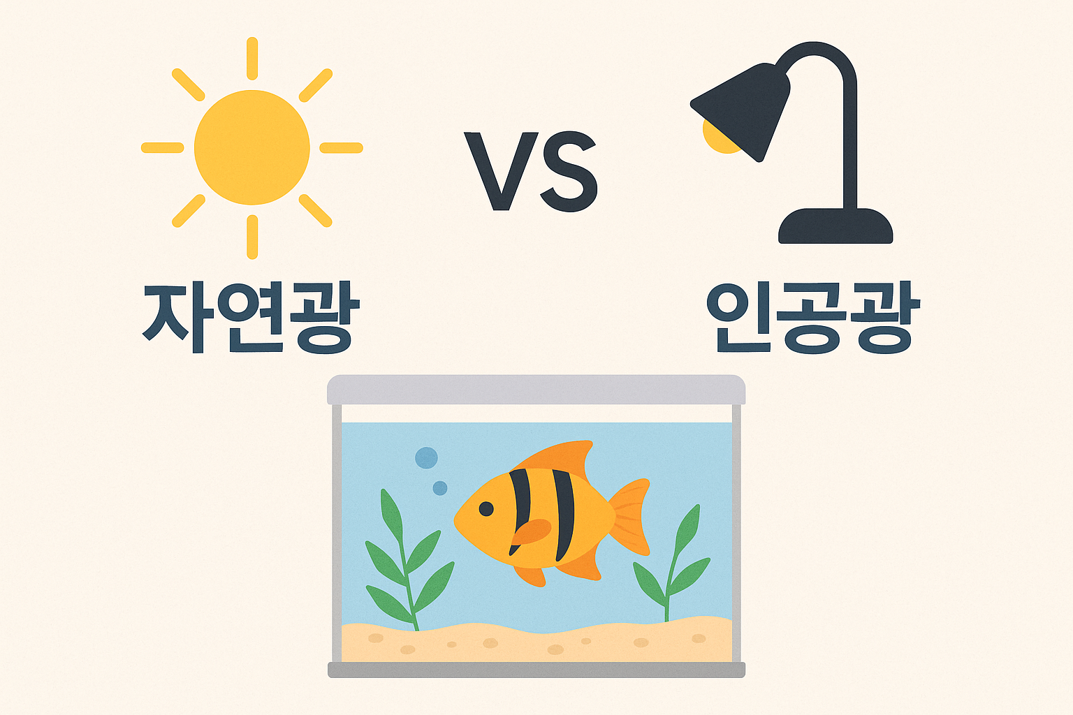 열대어 수조를 중심으로 왼쪽에는 햇빛 아이콘과 ‘자연광’ 텍스트, 오른쪽에는 스탠드 조명 아이콘과 ‘인공광’ 텍스트가 배치된 비교 일러스트. 수조 안에는 주황색 열대어와 수초가 있으며 중앙에 ‘VS’가 표시되어 있다.