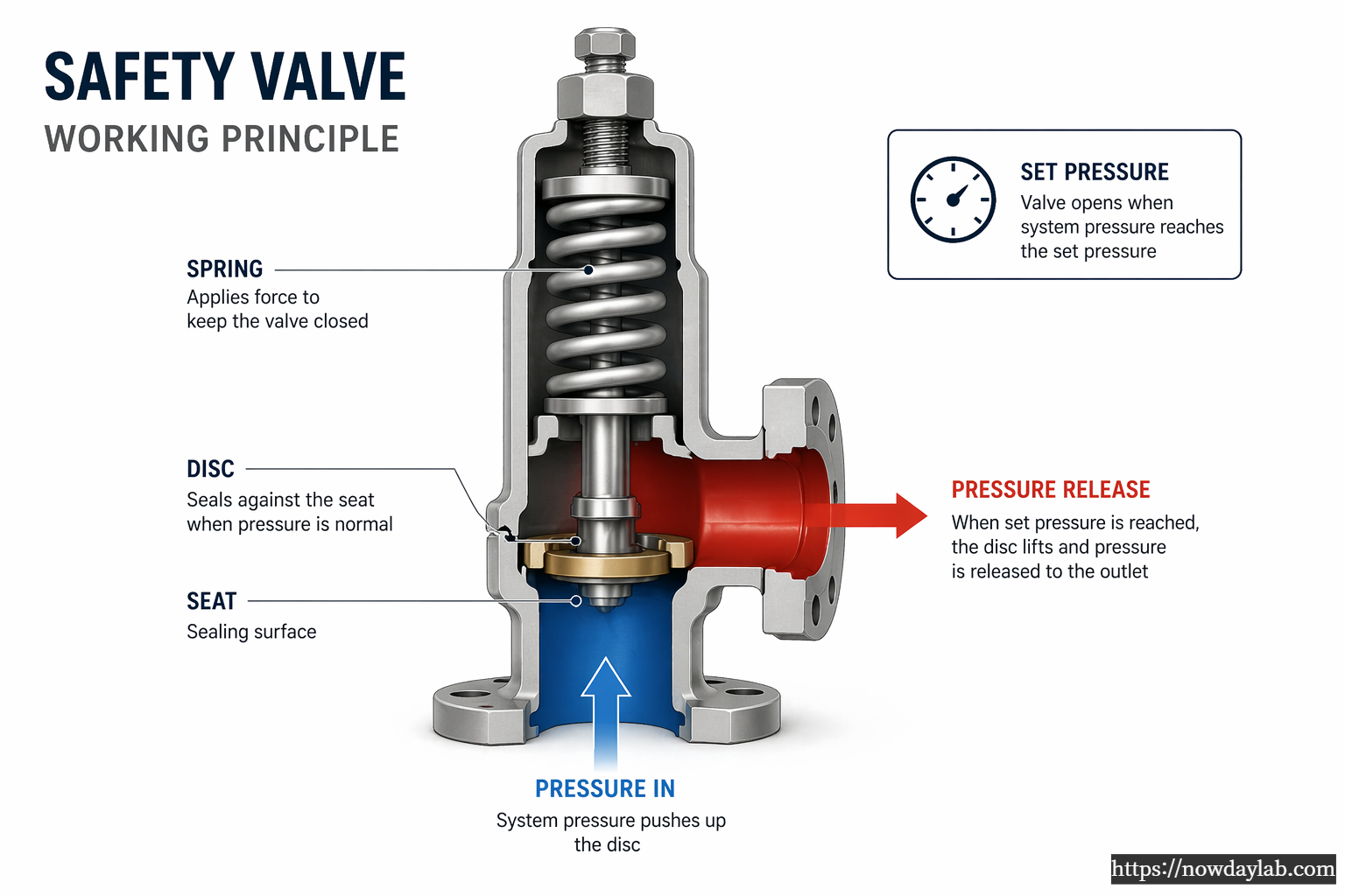Safety valve working principle cross-section showing pressure in, disc lift, spring force, and pressure release
