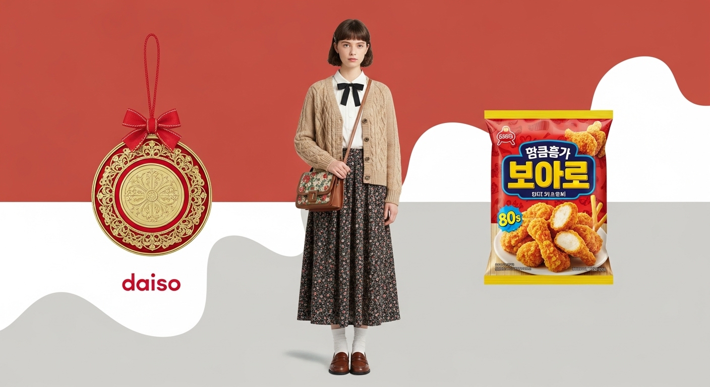 다이소 자개 시리즈, 할머니 패션, 복각 과자 등 다양한 복고 소비 제품들이 감각적으로 배치되어 있는 모습.