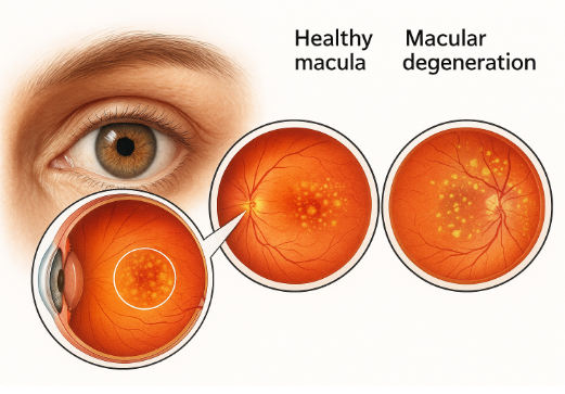 건강한 황반과 변성이 진행된 황반을 비교하여 나타낸 일러스트