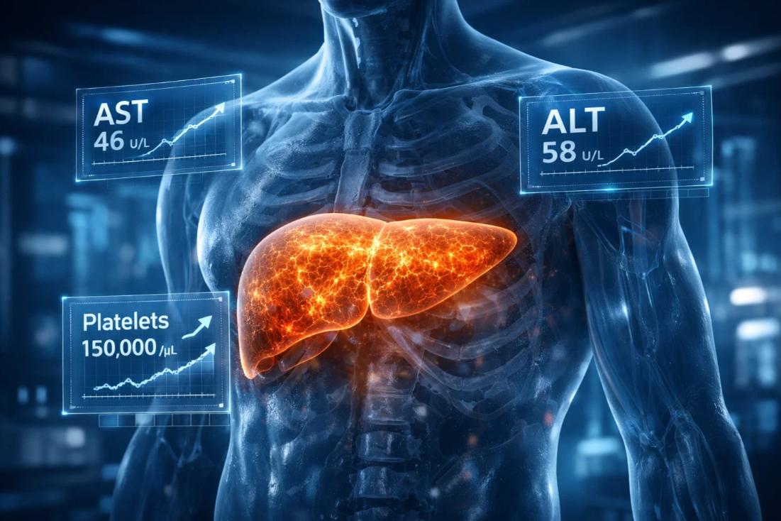 AST ALT 수치 상승과 혈소판 감소를 기반으로 간 섬유화 위험을 평가하는 의료 그래픽 이미지