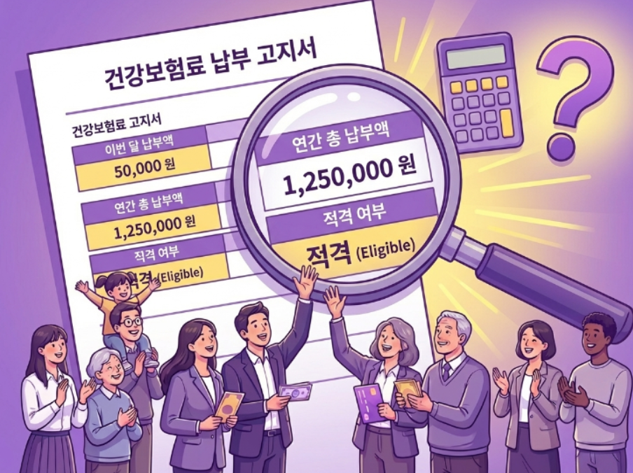 건강보험료 명세서를 돋보기로 확인하며 지원 대상 여부를 알아보는 과정을 나타내는 그래픽