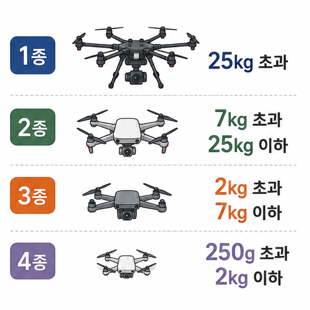 드론 최대이륙중량에 따라 1종, 2종, 3종, 4종으로 나뉘는 기준을 비교한 그림