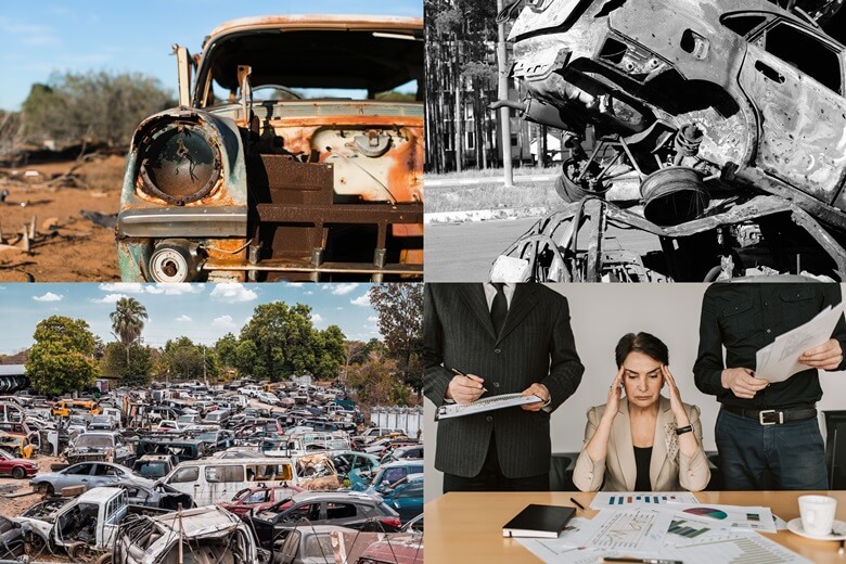 상단좌/우측은 승용차가 오랫동안 방치되어 녹이 슬고, 찌끄러지고, 유리도 깨지고 자동차 뼈대만 남아있는 사진이며 하단 좌측은 폐차장에 폐차된 차가 가득히 모여있는 사진과 우측은 폐차처리관련 서류절차가 복잡해서 양손으로 관자놀이를 누르며 골치아픈듯한 표정의 나이든 여성과 그 주변 양쪽으로 서류를 들고 설명하고 있는 2명의 남성이 서있는 모습의 사진