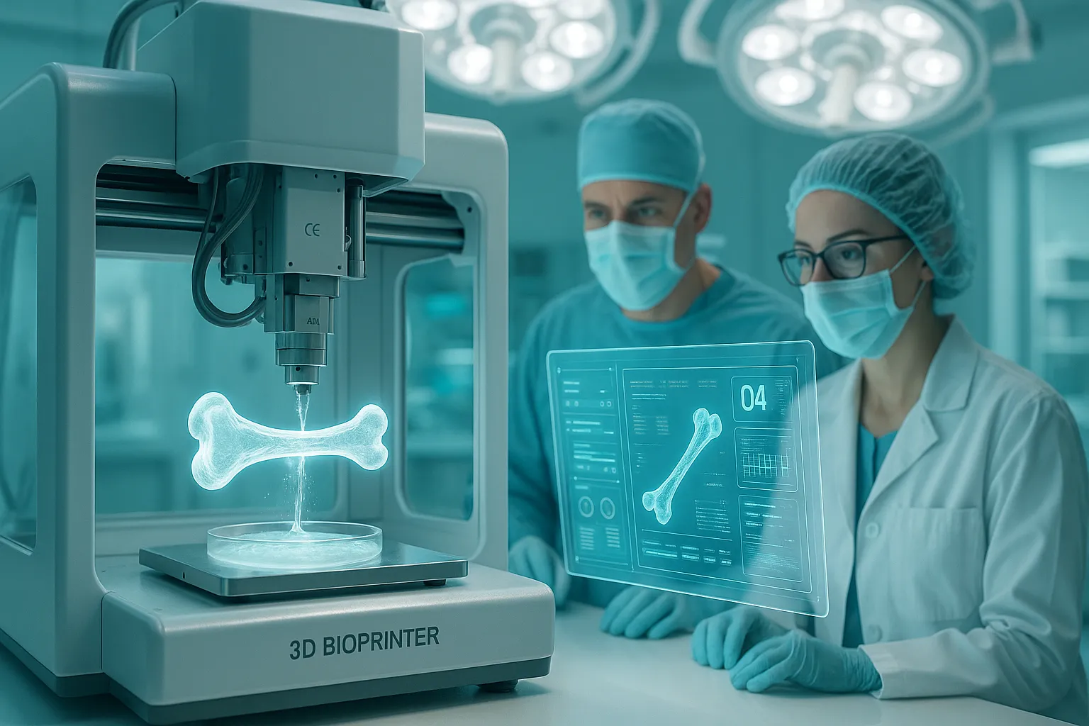 "미래 수술실에서 3D 바이오프린터가 개인 맞춤형 인공 뼈를 제작하는 모습"