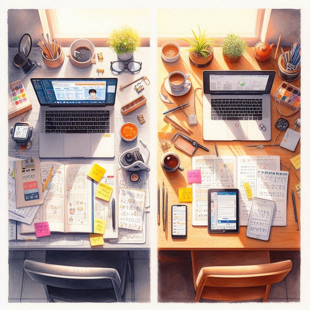 왼쪽에는 한국 학생의 책상 오른쪽에는 일본 학생의 책상