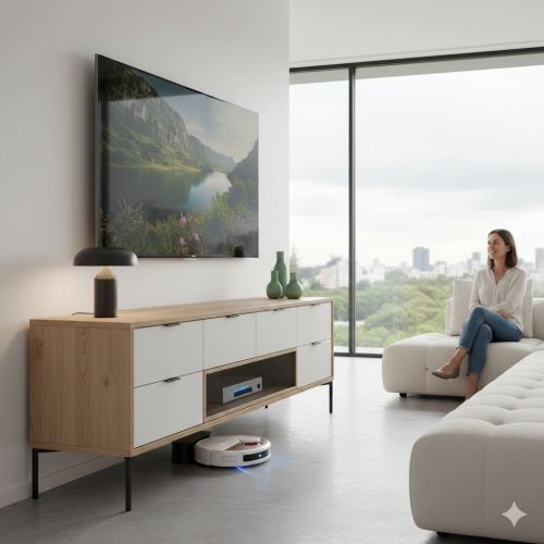 2026년형 높은 거실장 위에 설치된 대형 TV와 하단으로 진입하는 로봇청소기가 있는 현대적인 거실 인테리어
