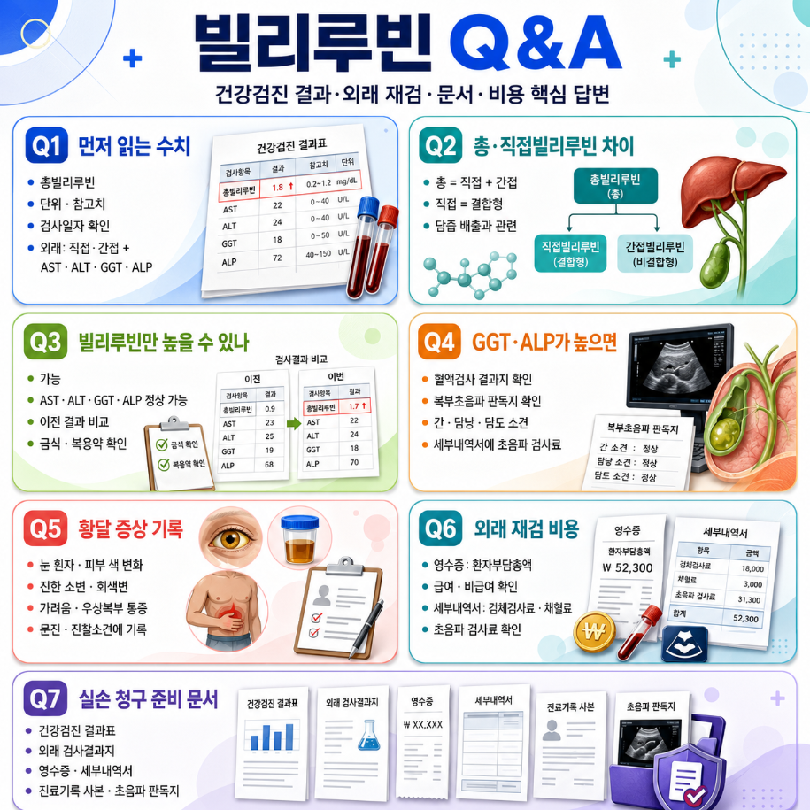 건강검진 빌리루빈 수치, 직접빌리루빈 차이, 황달 증상 기록, 외래 재검 비용, 실손 청구 준비 문서를 Q&amp;A 형식으로 정리한 메디컬 인포그래픽
