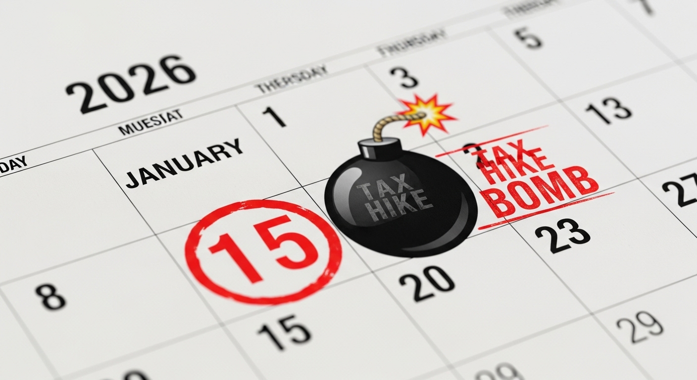 세금 폭탄(Bomb) 아이콘이 그려진 달력. '2026년' 날짜가 붉게 강조되어 있음