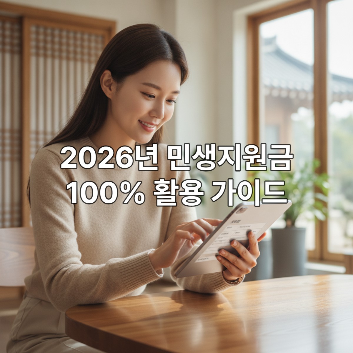 희망찬 표정의 한국인 여성이 태블릿으로 2026년 지자체 민생지원금 신청 서류를 꼼꼼히 검토하는 모습