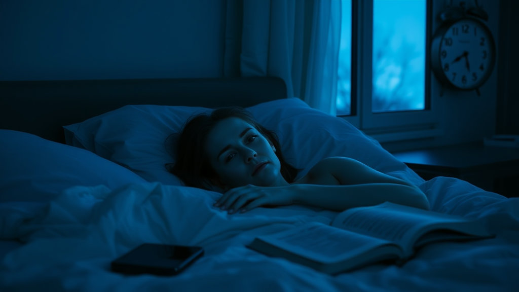 어두운 침실에 누워 있지만 잠을 이루지 못해 눈을 뜨고 있는 여성.