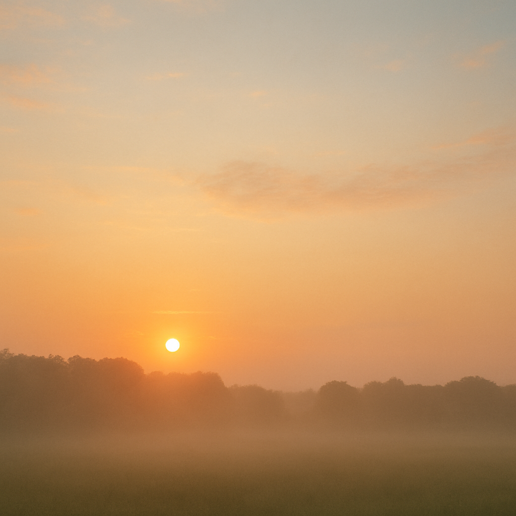 새벽 햇빛이 짙은 안개 위로 천천히 떠오르며 하루의 시작을 알리는 풍경