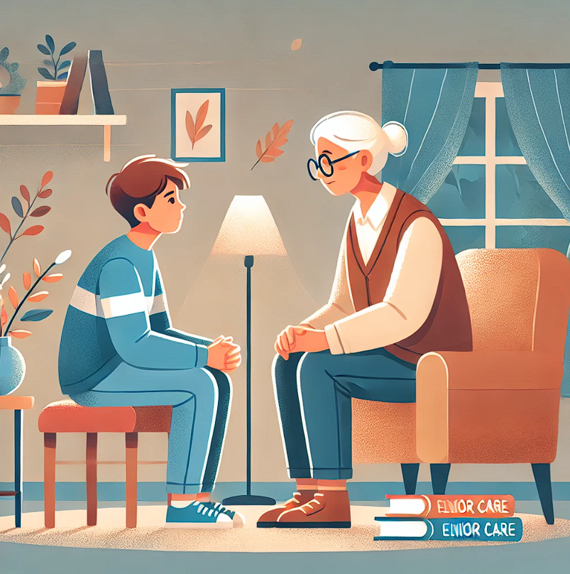 자녀가 노인복지에 걱정하는 표정의 이미지