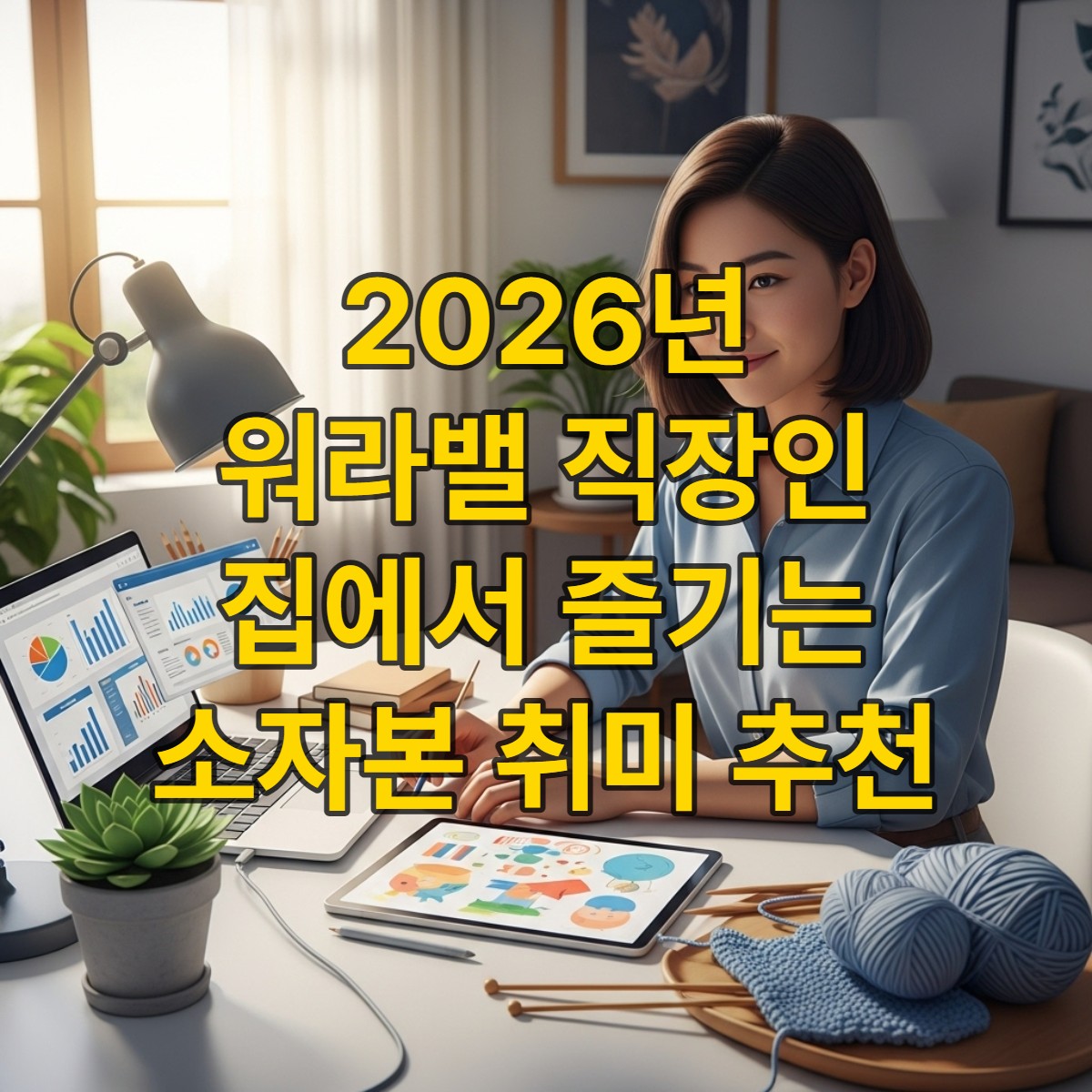 워라밸을 추구하는 직장인이 집에서 디지털 드로잉, 홈 가드닝, 뜨개질 등 다양한 소자본 취미 활동을 하며 여유롭고 생산적인 시간을 보내는 모습