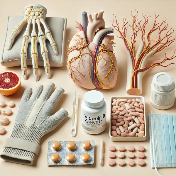 하얀 배경 위에 정리된 혈액순환과 신경 건강 관련 모형, 비타민, 손목 보호 장비의 전문 스튜디오 촬영 사진