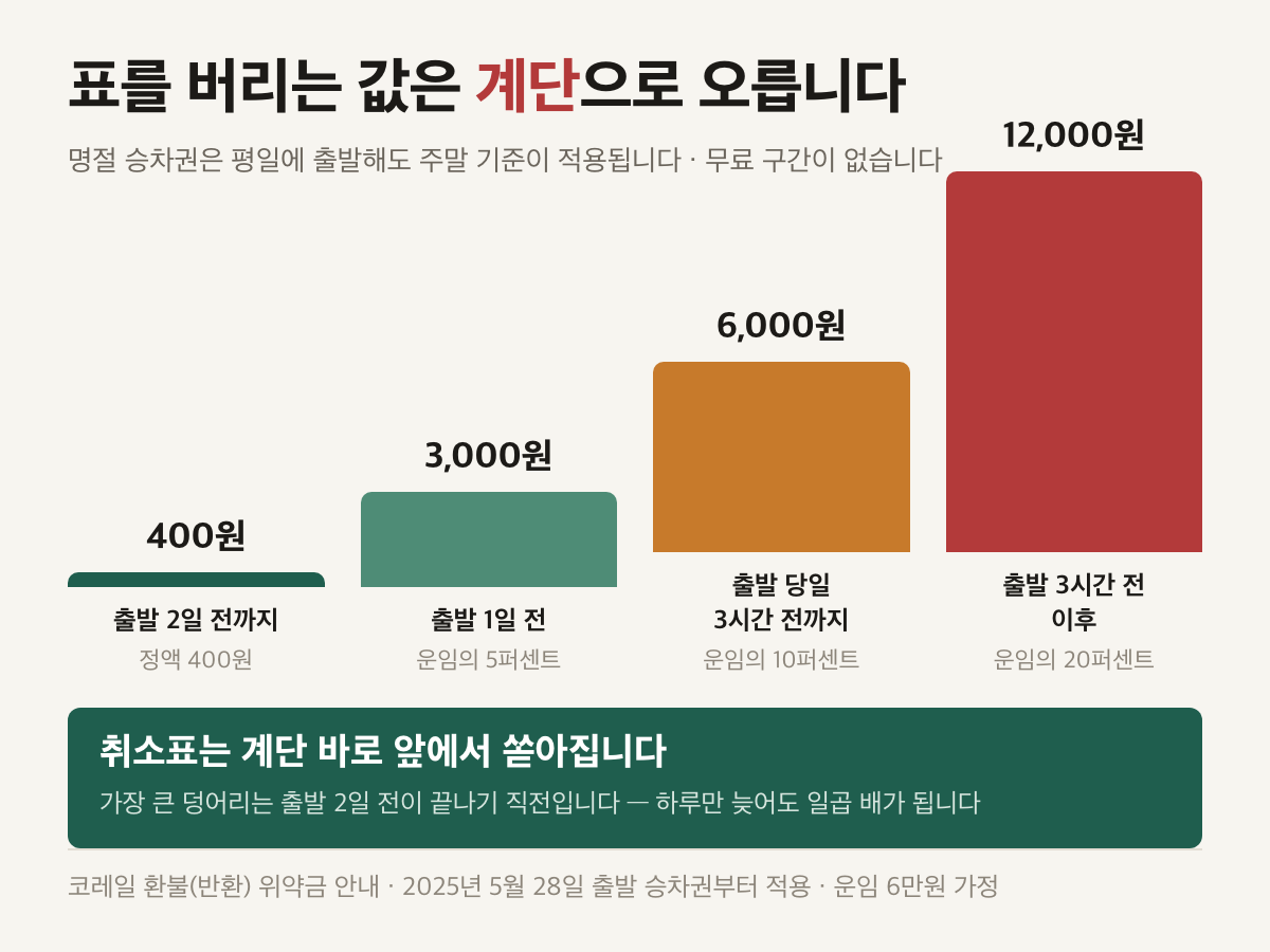 명절 승차권을 취소할 때 내는 위약금이 계단처럼 오르는 막대그래프. 운임 6만원 기준으로 출발 2일 전까지는 400원, 출발 1일 전은 3천원, 출발 당일 3시간 전까지는 6천원, 출발 3시간 전 이후는 1만2천원이다