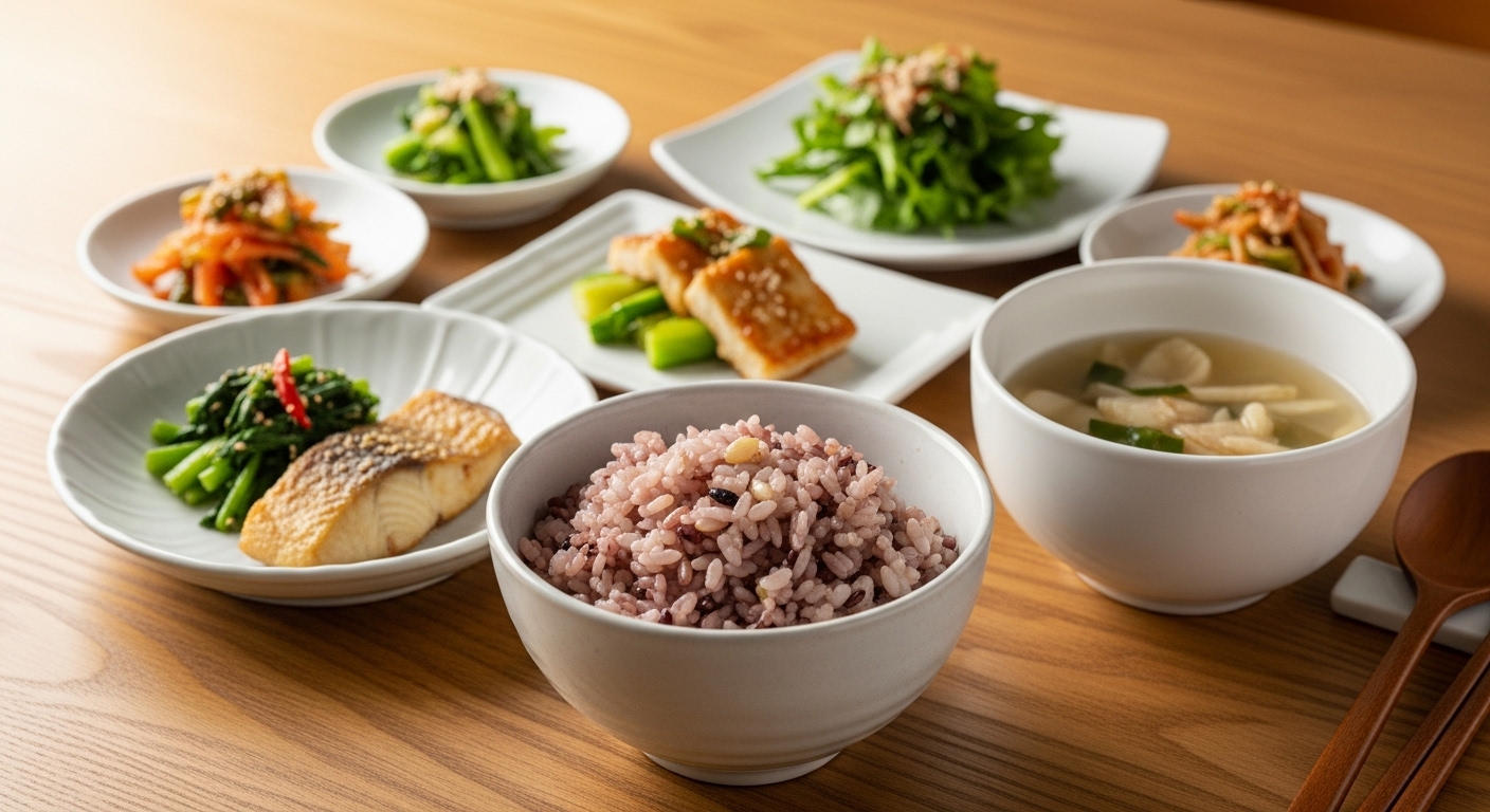 잡곡밥을 중심으로 신선한 채소 반찬과 단백질이 조화를 이룬 건강한 식사 한 상.