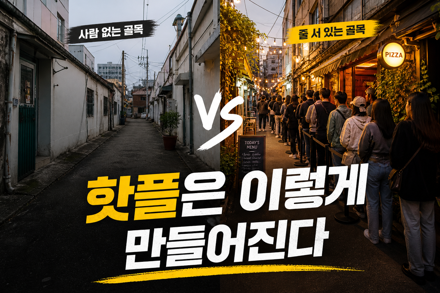 한산한 골목vs줄 서 있는 골목 이미지