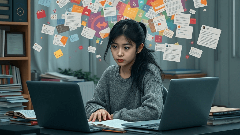 복잡한 생각에 둘러싸인 20대의 스트레스 상황을 표현한 이미지