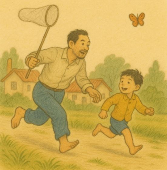 맨발의 아버지와 아들이 들판을 달리며 나비를 쫓는 장면