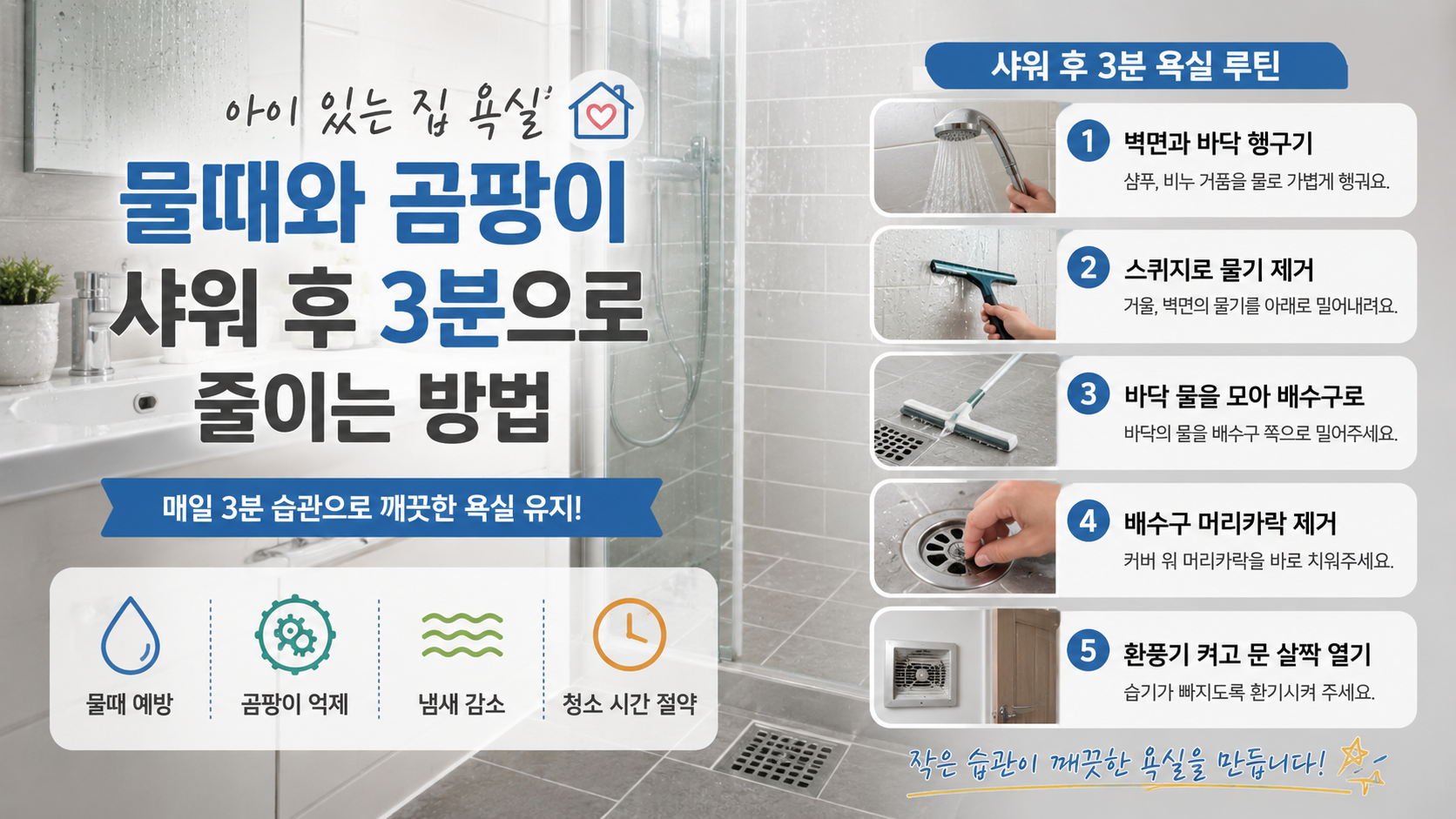 욕실 물때와 곰팡이 줄이기