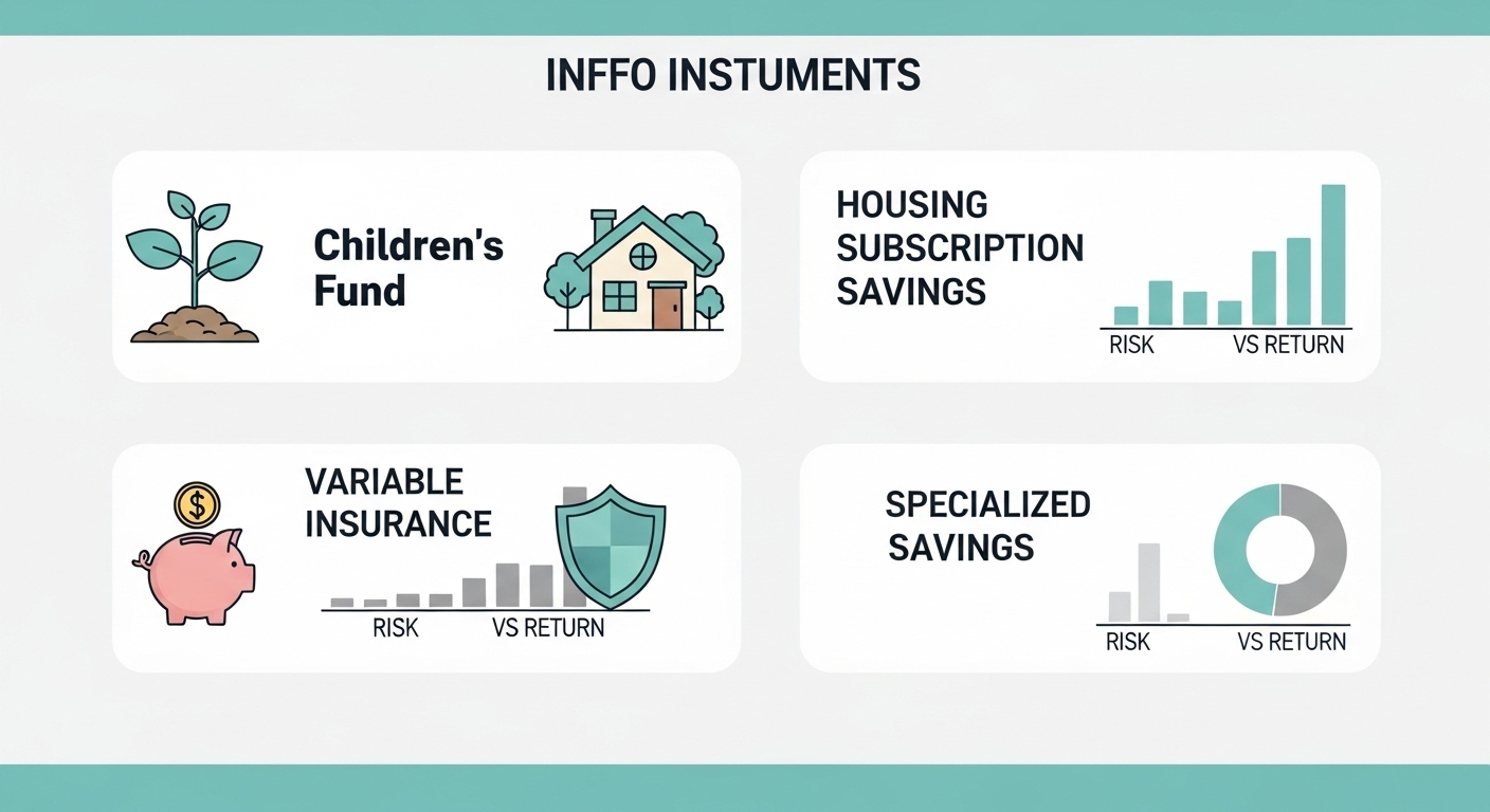 어린이 펀드, 주택청약, 변액보험 등 다양한 학자금 상품을 비교하는 인포그래픽