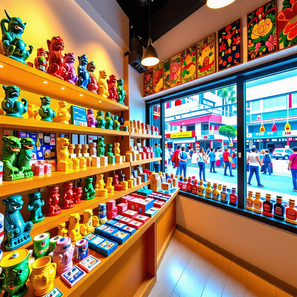 다양한 싱가포르 기념품이 진열된 선물샵 이미지