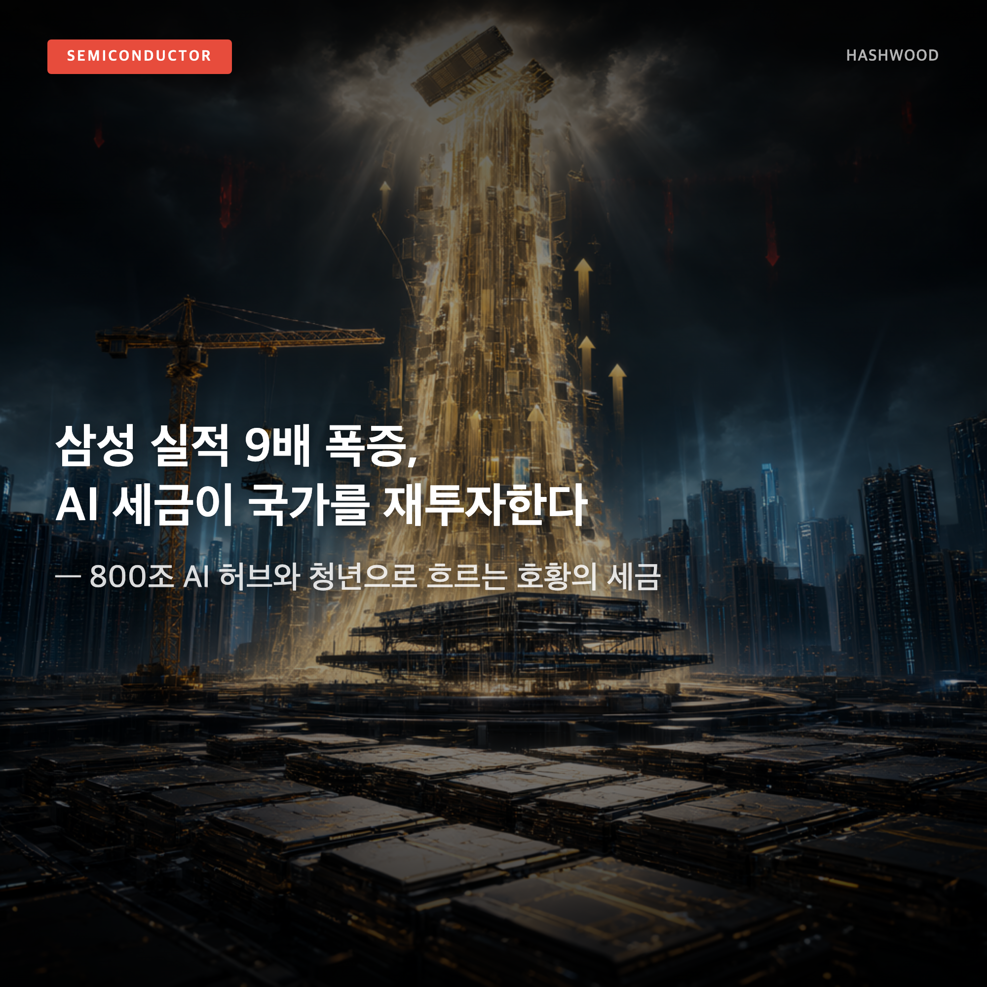그림: 삼성 실적 9배 폭증, AI 세금이 국가를 재투자한다 — — 800조 AI 허브와 청년으로 흐르는 호황의 세금