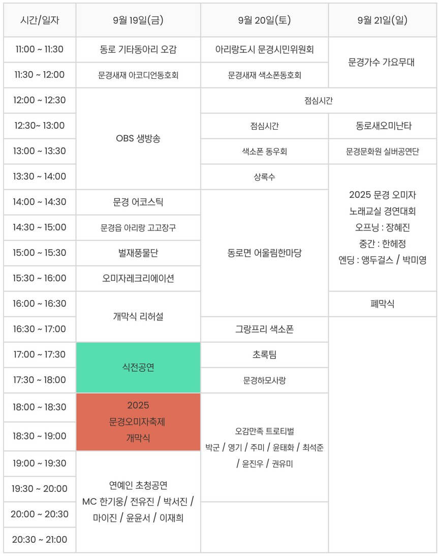2025년 제21회 문경오미자축제 주요행사 초대가수 교통 숙박 안내
