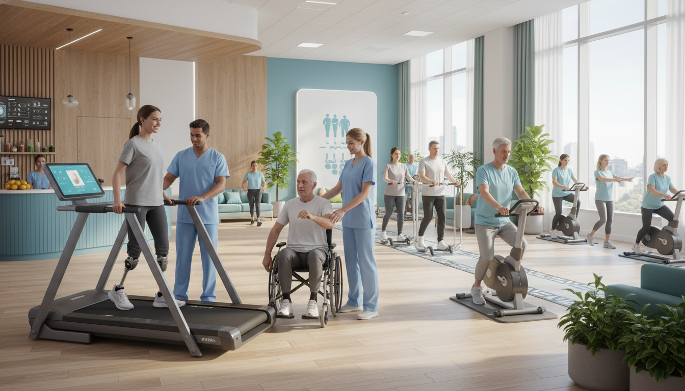 2026년 지정 재활의료기관에서 물리치료를 받는 환자와 의료진의 모습. 희망적이고 전문적인 분위기.