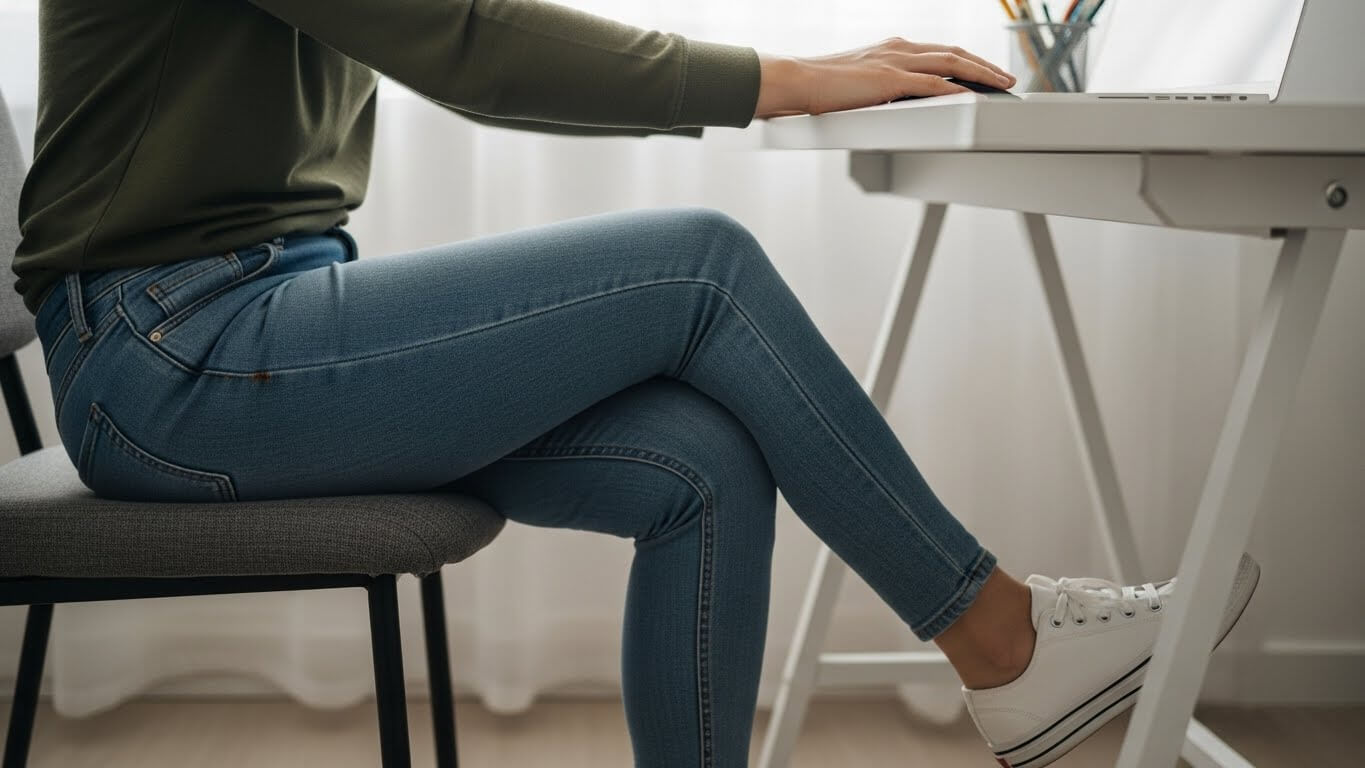 Person sitting for long hours at a desk with legs slightly stiff,
natural indoor lighting, realistic everyday lifestyle scene,
focus on legs and posture, minimal background,
no text, no letters, no numbers, no labels, no watermark