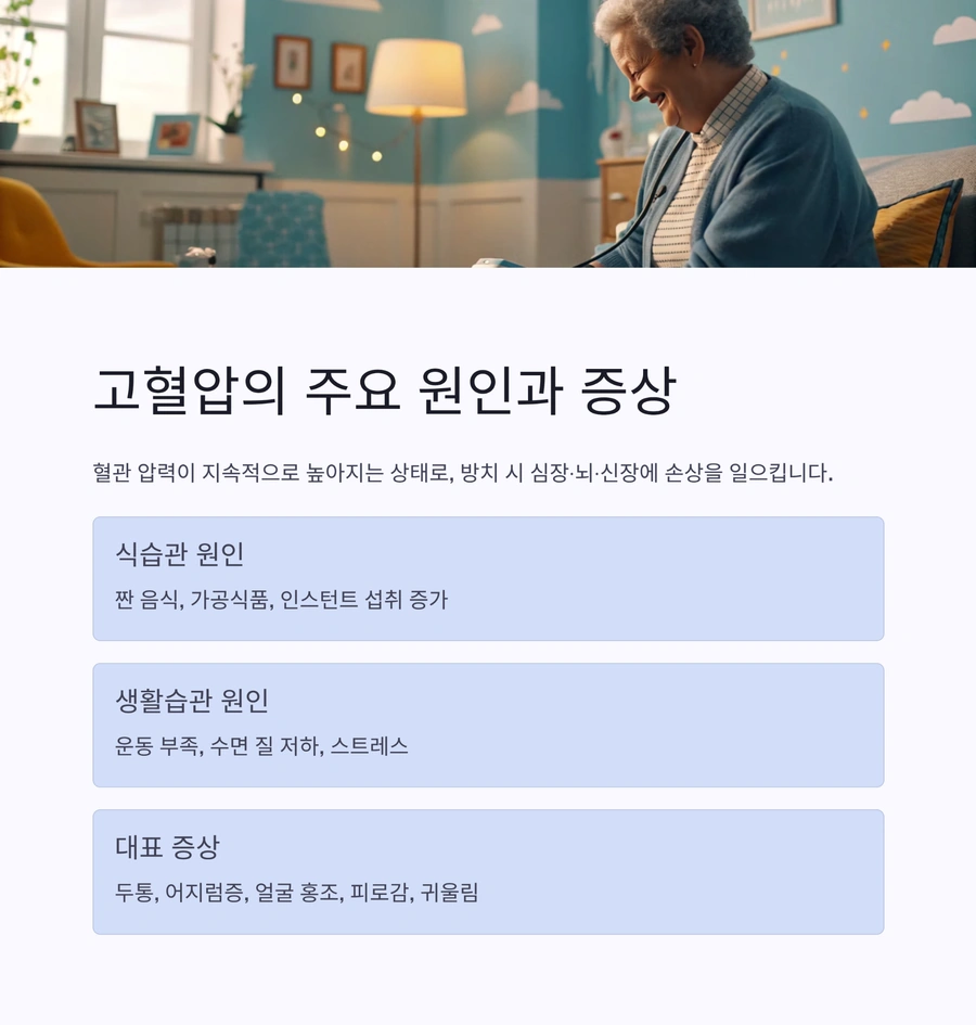 고혈압의 원인과 증상을 설명하는 시니어 일상 이미지