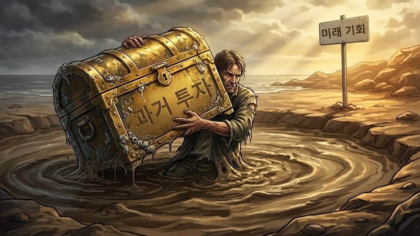 과거의 투자에 집착하느라 미래의 기회를 놓치는 매몰 비용 오류 시각화