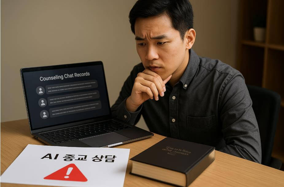 AI 종교 상담의 위험성과 논란을 상징하는 장면
