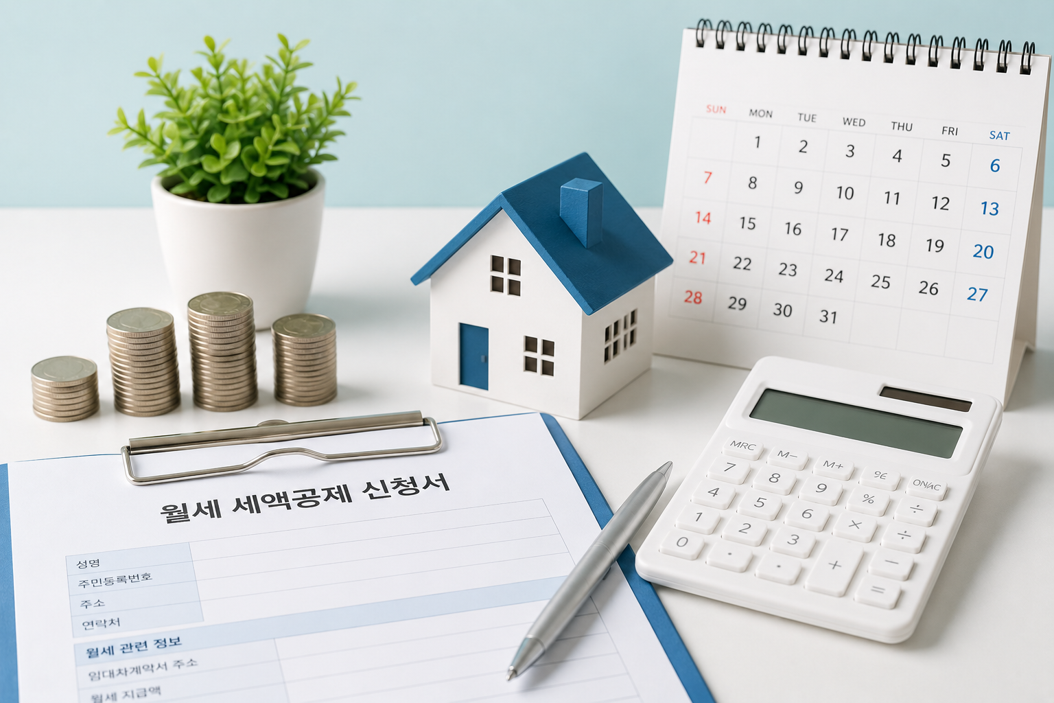 월세 환급금 신청과 월세 세액공제를 상징하는 주택 모형, 계산기, 동전이 배치된 이미지
