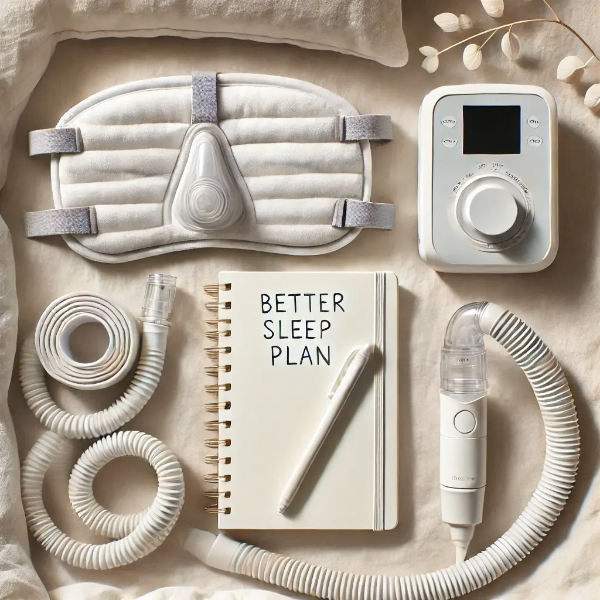 수면 마스크, CPAP 튜브, 수면 개선 노트가 정리된 스튜디오컷