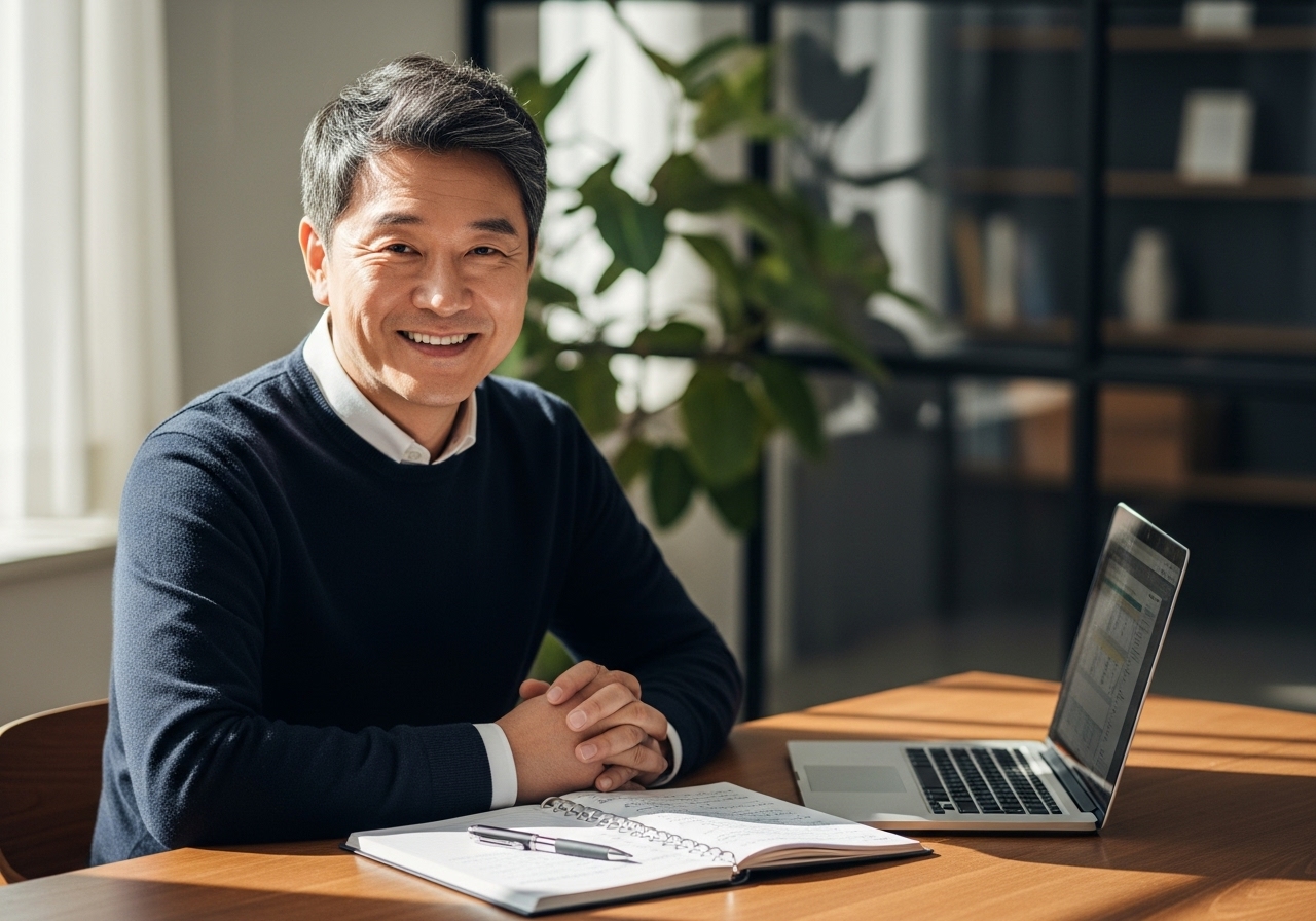 50대 한국인 남자가 노트북과 플래너 앞에서 웃고 있는 모습